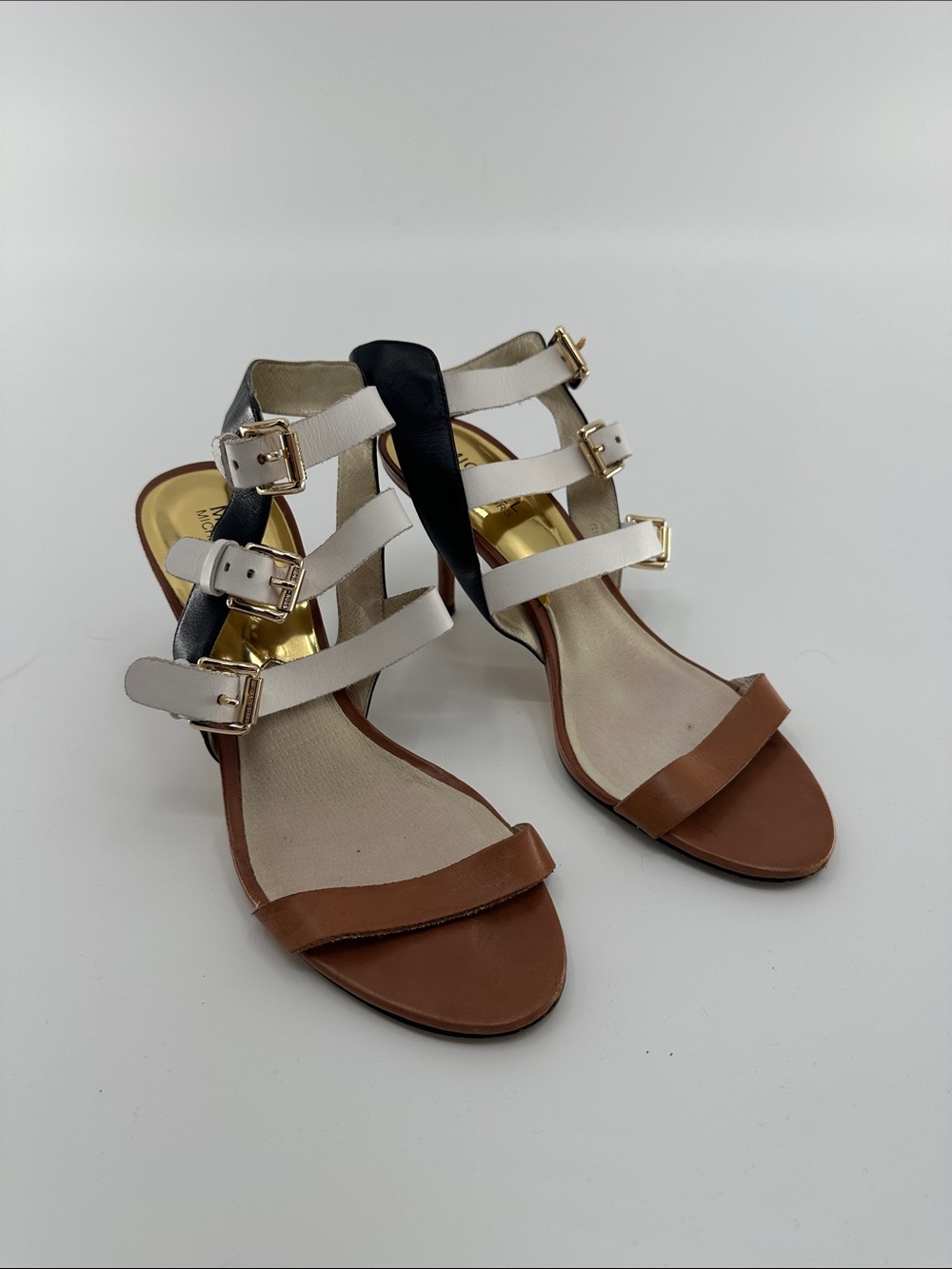 Michael Kors Brown, White and Black Strappy Buckle Sandals